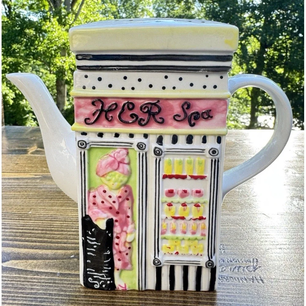 MSRF His Spa Her Spa Ceramic‎ Teapot Salon Barber Shop Storefront w Lid